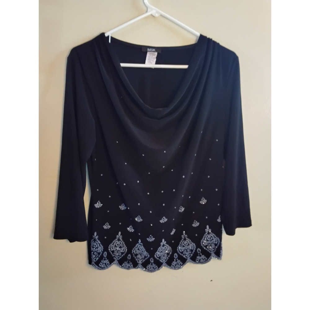 MSK Womens Black Cowl Neck Blouse Silver‎ Sequin Scalloped Hem 3/4 Sleeve Top M